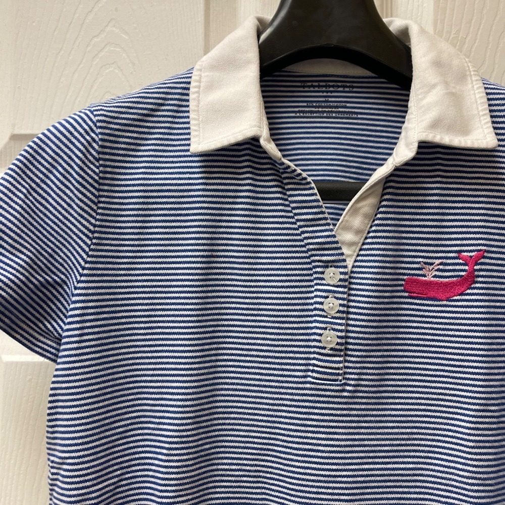Talbots Outlet Sz Medium Blue Stripe Polo Shirt Embroidered Whale Short Sleeve